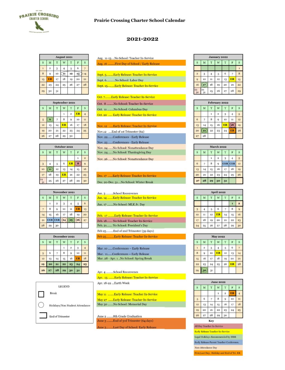 2021 2022 Approved School Year Calendar Prairie Crossing Charter School